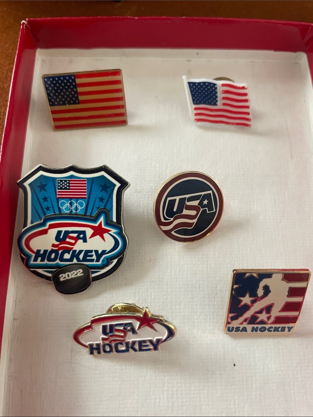 6 LAPEL PINS CELEBRATE  WEARING  TWO AMERICAN FLAGS, (4) USA HOCKEY LAPEL PIN.
